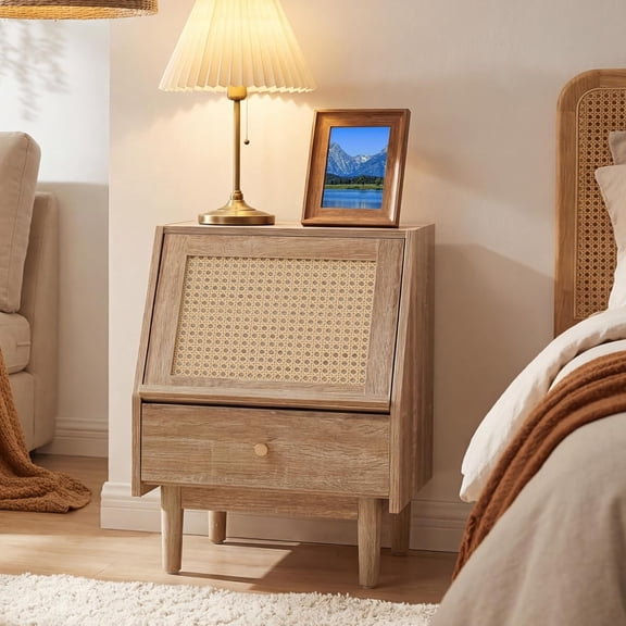 LEHOME Rattan Nightstand, Boho Side Table with Drawer & PE Rattan Decor Flip Hidden Door, Modern Wooden Bedside End Tables with Solid Wood Legs for Bedroom, Dorm and Small Spaces