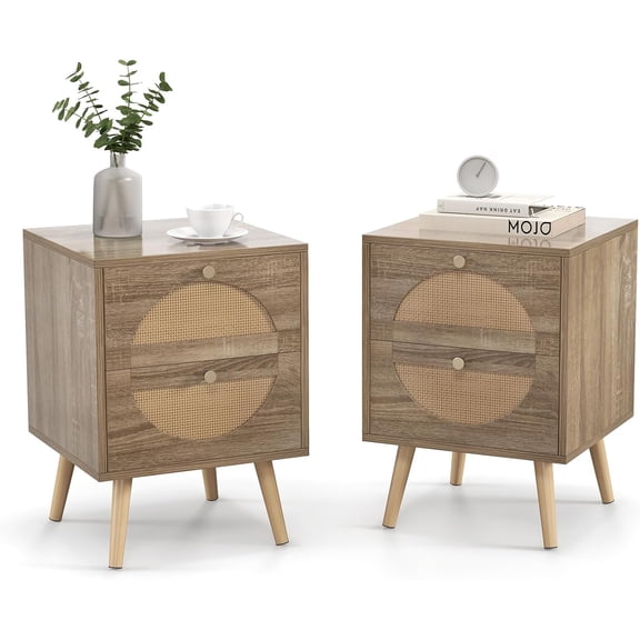 LEHOME Rattan Nightstand Set of 2, Boho Bedside Tables with 2 Rattan Drawers, Accent End Tables with Pine Wood Legs, Wood Night Stands with Storage for Bedroom Small Spaces, Natural