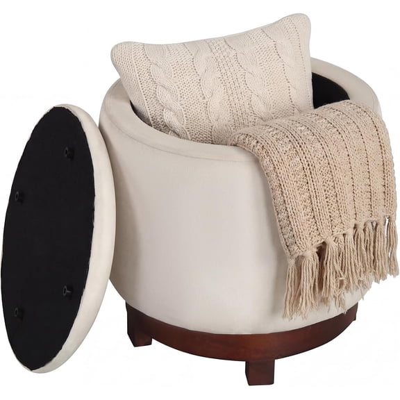LEHOME Round Ottoman with Storage, 360 Swivel Velvet Vanity Stool with Removable Lid, Wood Frame & Legs, Ottoman Foot Rest for Living Room, Bedroom, Makeup Room No Assembly (White & Walnut)