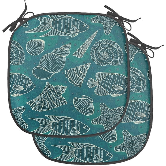 LEHOME Sea Shells Chair Seating Cushion Set of 4, Nautical Ocean Pattern Underwater World Sea Life Theme Sketch Style, Anti-Slip Seat Padding for Kitchen & Patio, 16"x16", Petrol Blue Teal Beige