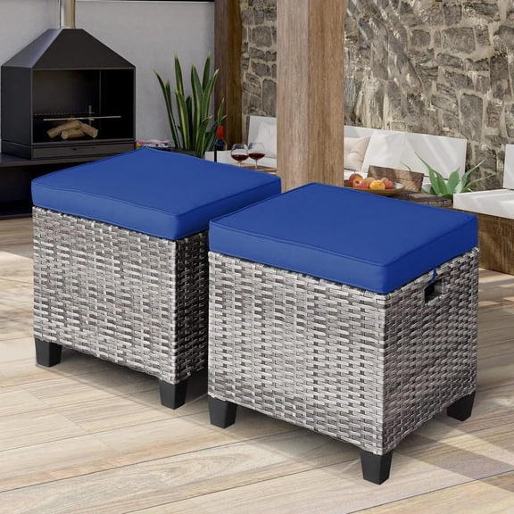 LEHOME Set of 2 Outdoor Ottoman, 16 Wicker Foot Stools, All-Weather Rattan Cube Footstool w/Removable Cushions, Square Footrest Extra Seating for Patio, Porch, Deck, Easy Assembly (Navy Blue)