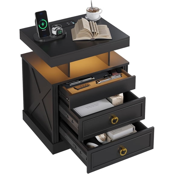 LEHOME Side Table with Gun Drawer - Farmhouse Night Stand with Charging Station for Bedroom, Smart End Table with LED Lights for Livingroom, Hidden Compartment Nightstands-Black