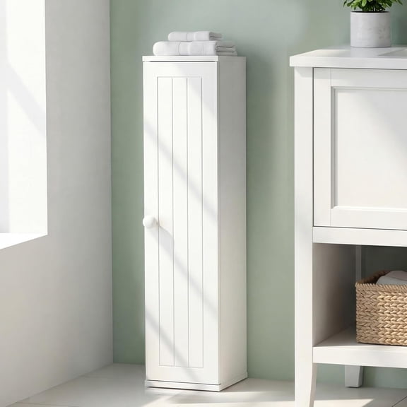 LEHOME Slim Bathroom Storage Cabinet with Door, Freestanding Corner Floor Cabinet with Removable Shelves, Narrow Toilet Paper Holder for Small Spaces, Restroom, Living Room (White)