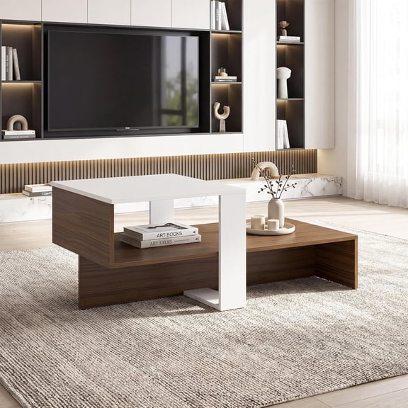 LEHOME Small Coffee Table with Storage, 31.5" Wood Unique Center Table with 2-Tier Shelf, Low Accent Cocktail Tea Table, Mid Century Modern Coffee Table for Living Room, Small Spaces, Walnut & White