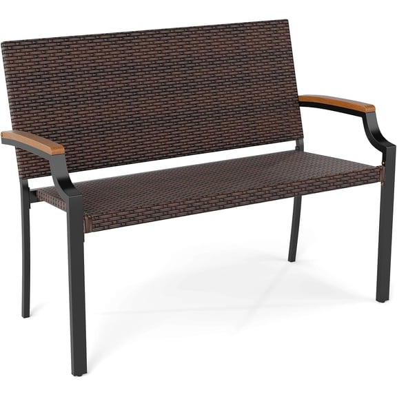 LEHOME Stackable Patio Wicker Loveseat Bench, 2-Person Rattan Outdoor Bench with Acacia Wood Armrests & Metal Frame, Rattan Conversation Furniture for Backyard, Garden, Balcony, Porch (1,Mix Brown)