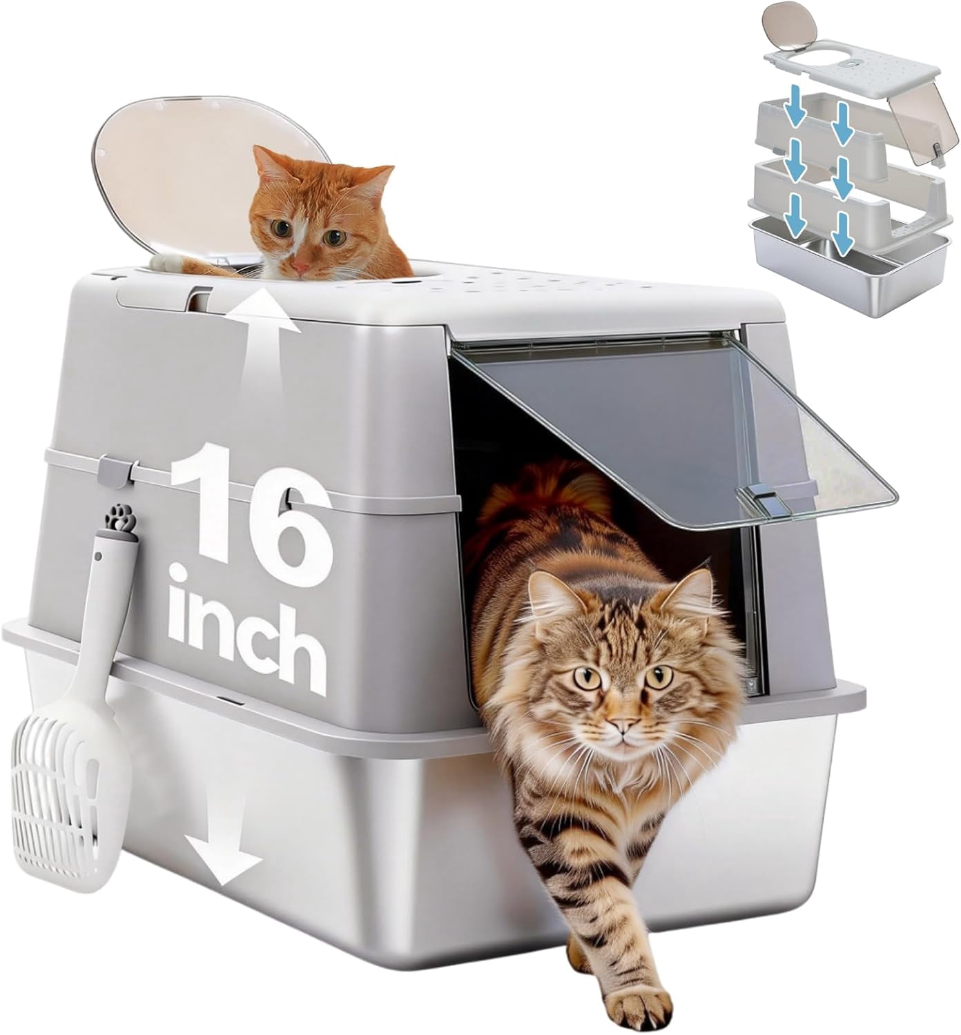 LEHOME Stainless Steel Cat Litter Box, XL Extra Large Enclosed Litter Box with Non-Sticky Metal Pan, 16" High Sides& Anti-Leakage with Scoop, Front & Top Dual Entry for Big Cats, Gray