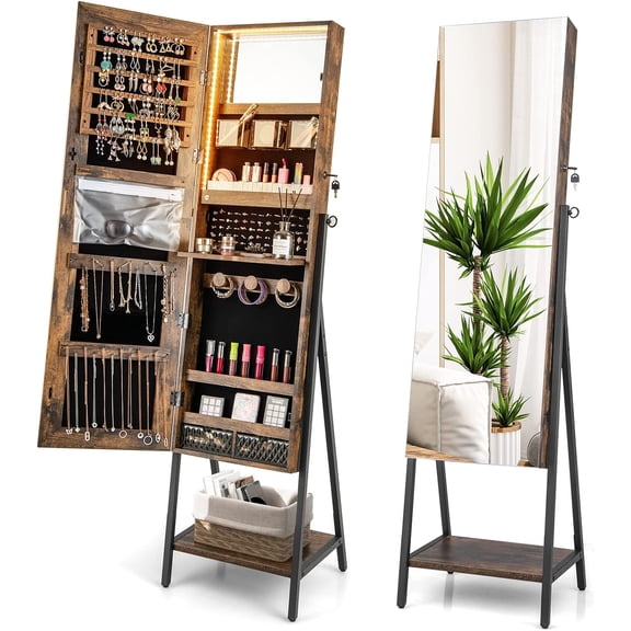 LEHOME Standing Jewelry Armoire with Full Length Mirror, Lockable Jewelry Cabinet Organizer with Lights, 3 Lighting Modes, Foldable Makeup Tray, Storage Drawers & Shelves (Rustic Brown)