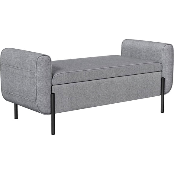 LEHOME Storage Bench with Armrests, Ottoman with Storage for Living Room, Bedroom, Entryway, Living Room, Steel Legs, Light Gray