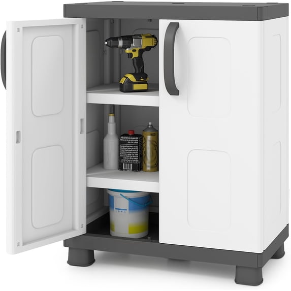 LEHOME Storage Cabinet with 2 Doors and Adjustable Shelves, Modern Plastic Base Garage Organizer, Floor Sideboard for Kitchen, Dining Room, Bathroom (Wide-29"x19"x37",White+Grey)