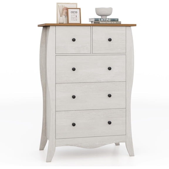 LEHOME Storage Cabinet with Foldable & Detachable Fabric Drawers, Anti-Tipping Kit, 26.5 x 15 x 38 Farmhouse Floor Cabinet, 5 Drawer Storage Organizer for Living Room Entryway, Light Grey