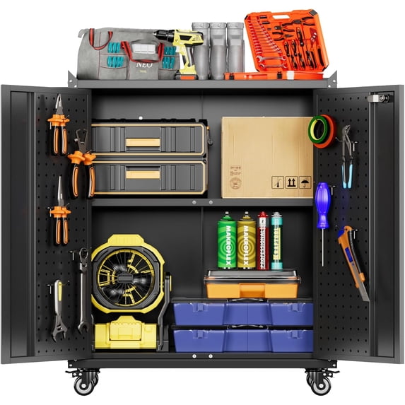 LEHOME Storage Cabinet with Wheels and Pegboard, Rolling Garage Storage Cabinet with Locking Doors and Adjustable Shelf, Heavy Duty Steel Utility Cabinet for Home Office, Assembly Required