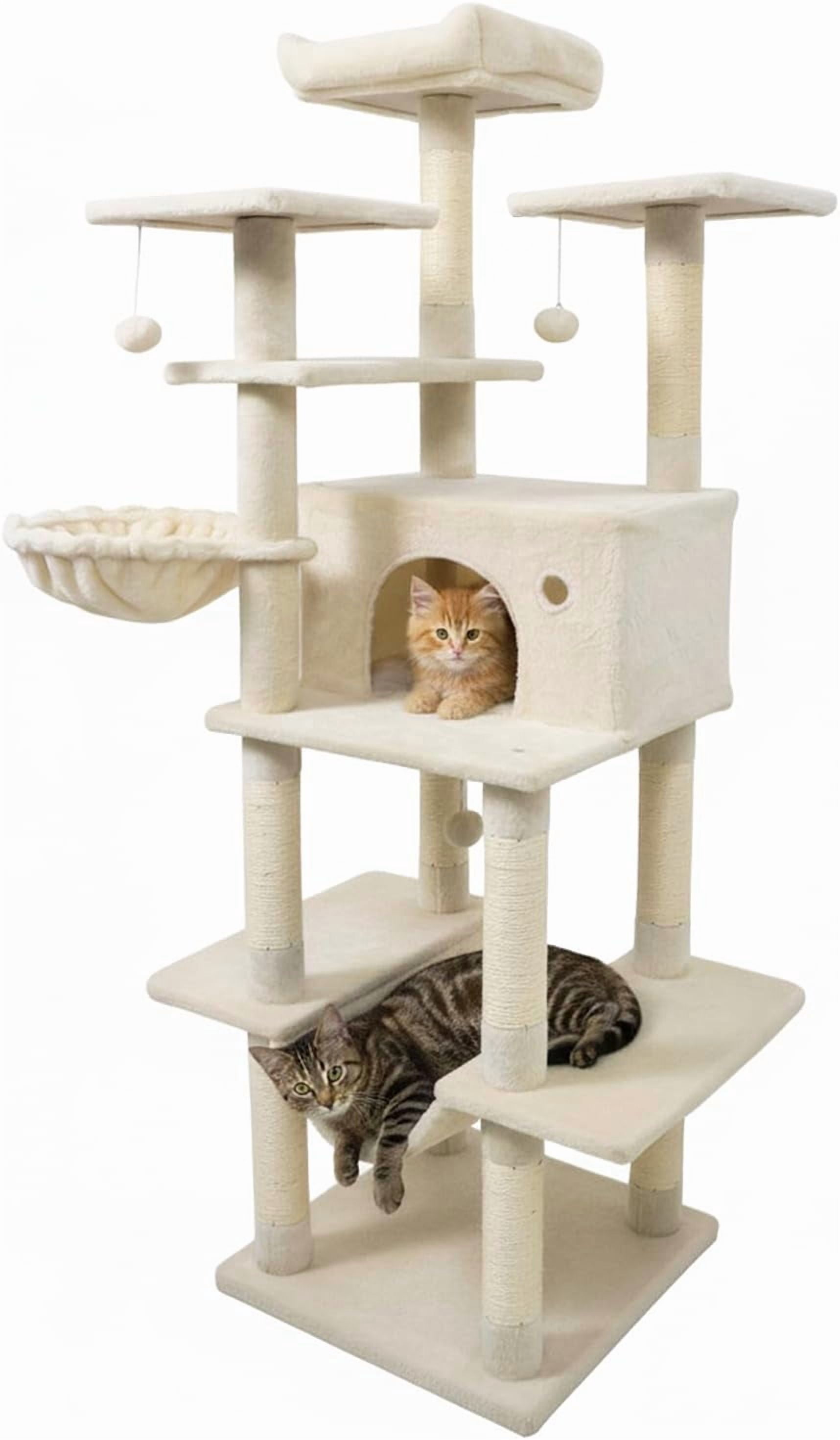 LEHOME Tall Cat Tree, 63 Inch Large Cat Tower with Sisal Scratching Posts, Plush Top Perch, Condo, Hammock, Basket Bed, Dangling Balls & Jumping Platforms for Indoor Cats Large Adult (Beige)