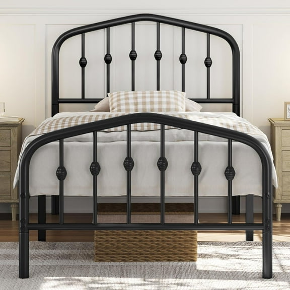 LEHOME Twin Platform Bed Frame, Victorian Crown Headboard, 450lb Capacity, 13" Under-Bed Space, No Box Spring Needed, Black