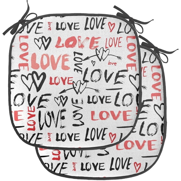 LEHOME Valentines Chair Seating Cushion Set of 4, Hand Drawn Love Lettering Doodle Style Design with Brush Stroke Effect, Anti-Slip Seat Padding for Kitchen & Patio, 16"x16", Black Red White