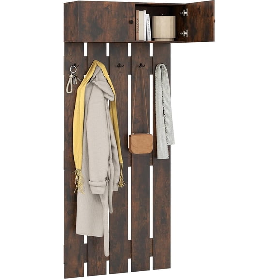 LEHOME Wall Mounted Coat Rack, 2-in 1 Hall Tree w/ 5 Double Hooks & 2-Door Cabinet, Space-Saving Garment Rack, Entryway Clothes Rack for Hallway Bedroom Bathroom (Rustic Brown)