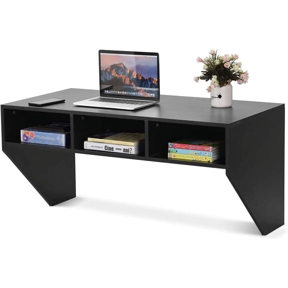 LEHOME Wall Mounted Desk Floating Computer Desk, Writing Study Table W/3 Storage Shelves, Laptop PC Table for Living Room, Bedroom, Office (Black)