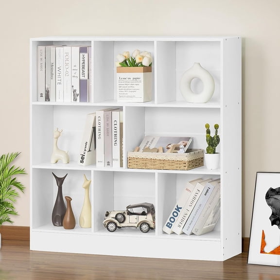 LEHOME White 3 Tier Bookshelf,Wide Modern Horizontal Bookcase,Wood Low Book Shelf,Wide Display Storage Cabinet with Base,Floor Standing 8 Cube Large Bookcases Organizer for Bedroom,Living Room,Office