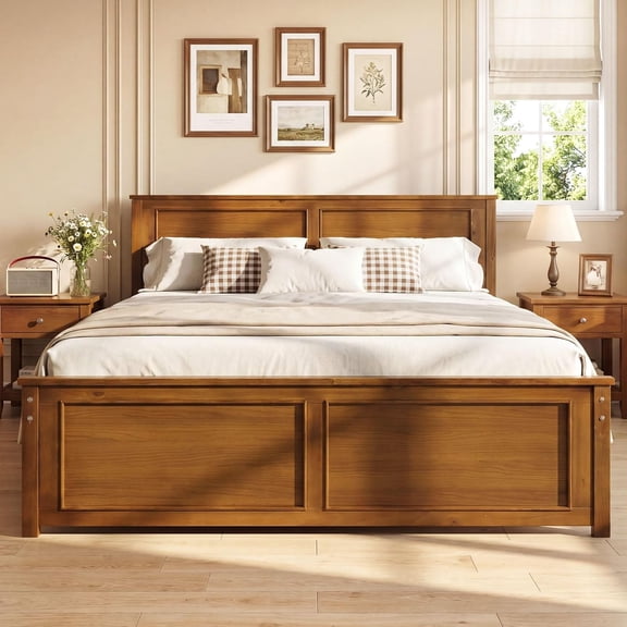 LEHOME Wood Full Size Bed Frame with Headboard, Farmhouse Solid Platform Bed w/Wooden Slat Support Mattress Foundation, Under-Bed Storage, No Box Spring Needed, Walnut