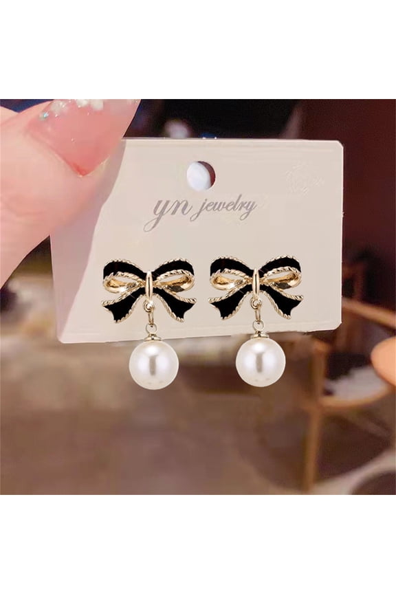 Bow Pearl Dangle Earrings, Trendy Cute Elegant Bowknot Jewelry, Perfect Preppy Birthday Gifts for Her, Wedding Party Daily Wear