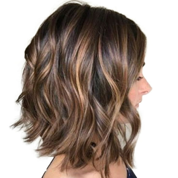 LEHOZIHEQ Brown Curly Bob Wig, Short Curly Bob Wig, Bangs Short Wavy Brown mix Blonde Highlight Wigs, for Women Lob Haircut Synthetic Heat Resistant Bob Wigs