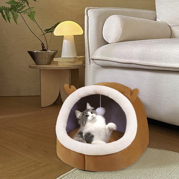 LEHOZIHEQ Cat Bed, Orthopedic Memory Foam Cat Beds for Indoor Cats, Enclosed Cave Design with Washable Inner Cushion, Cat House with Hanging Toy