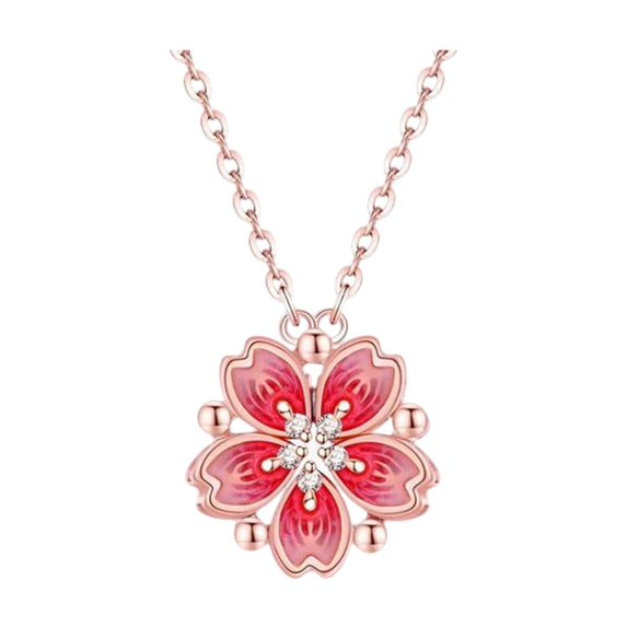 LEHOZIHEQ Cherry Blossoms Necklace, Rose Rotating Cherry Flower Pendant Necklace, Cubic Zirconia Pink Cherry Blossom Jewelry Gift for Women