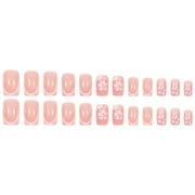 LEHOZIHEQ French Flower Fake Nails, Square Short Press on Nails, with Sequins Designs Glossy False Nails Pink Stick on Acrylic Nails