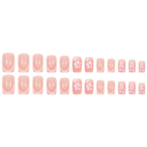 LEHOZIHEQ French Flower Fake Nails, Square Short Press on Nails, with Sequins Designs Glossy False Nails Pink Stick on Acrylic Nails