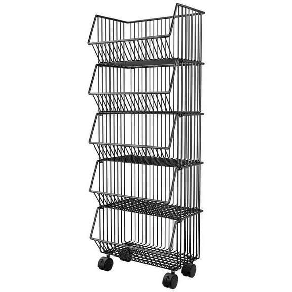 LEHOZIHEQ Fruit Vegetable Storage Baskets, 5 Tier Stackable Wire Storage Baskets with Wheels, Fruit Vegetable Storage Basket for Kitchen