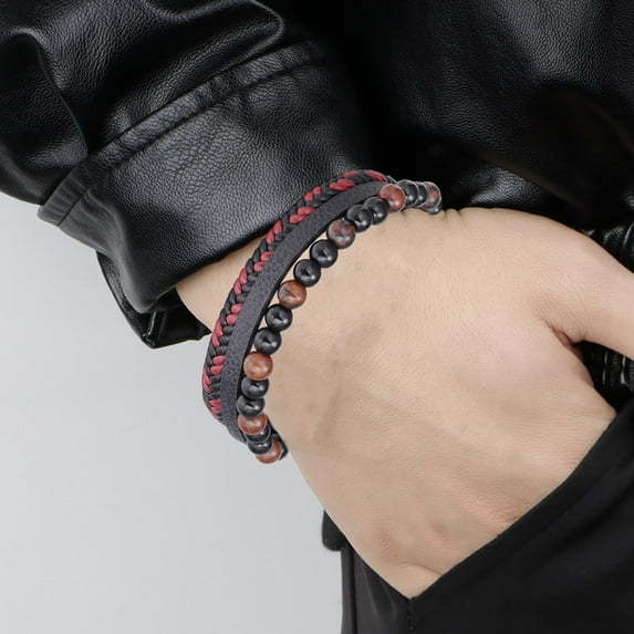 LEHOZIHEQ Leather Beads Bracelets for Men, Braided Leather Tiger Eye Lava Rock Stone Bracelets for Men with Stainless Steel Magnetic Clasp, Mens Leather Beaded Bracelets Jewelry Anxiety Stress Relief