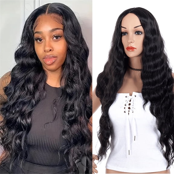 LEHOZIHEQ Long Wavy Wig for Women, 28 Inches Middle Part Curly Wavy Wig, Women's Hair Cover With A Center Split Corn Perm Pattern Wig, Black Small Lace Resistant Fiber Synthetic Wigs for Daily Use