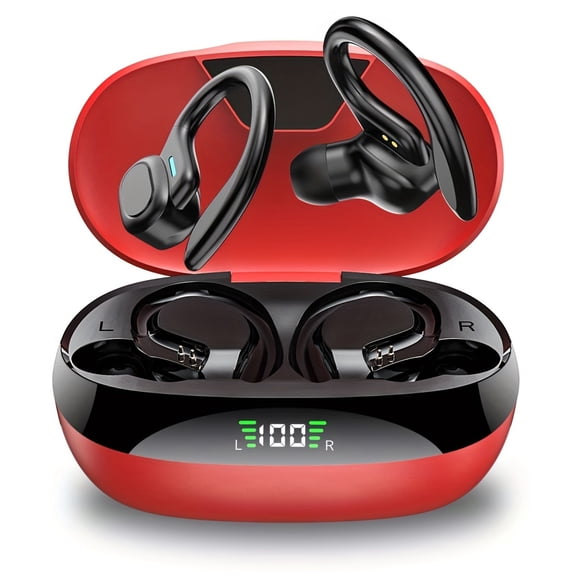LEHOZIHEQ Red Wireless Earbuds, In-Ear Stereo Headphones With Noise Cancelling Mic, Earhook Design, LED Digital Display, Charging Case