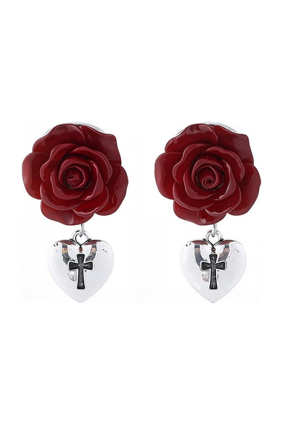 Rose Flower Heart Earrings, Heart Love Drop Dangle Earrings, Valentines Statement Annivesary Date Jewelry Accessories