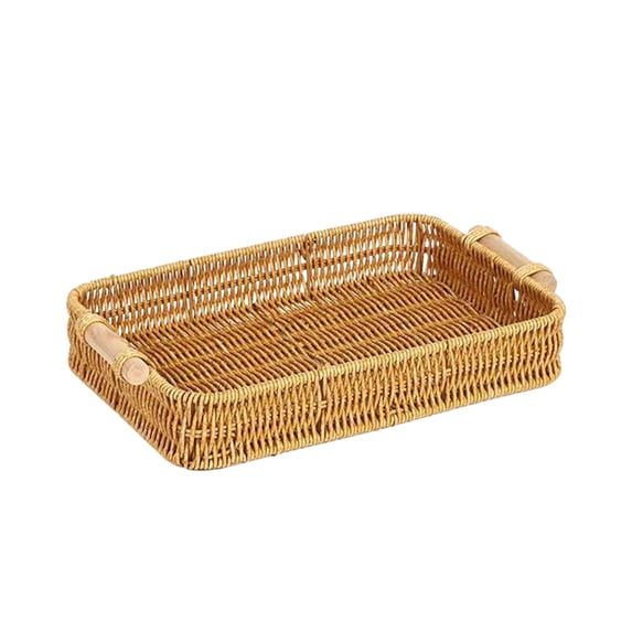 LEHOZIHEQ Small Wicker Tray, Shallow Basket Woven Rattan with Handles, Rectangular, Bread Basket for Serving Food, Vegetables, Breakfast, Coffee Table Decor