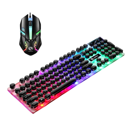 LEHOZIHEQ Typewriter Mechanical Gaming Keyboard and Mouse Combo, Retro Punk Round Keycaps RGB Rainbow Backlit Wired Keyboard for Game and Office, for Windows Laptop PC