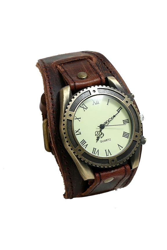 Vintage Leather Watches, Handmade Vintage Retro Punk Men Wrist Watch Bronze Dial Wide Genuine Leather Band Cuff Quartz Man Watches