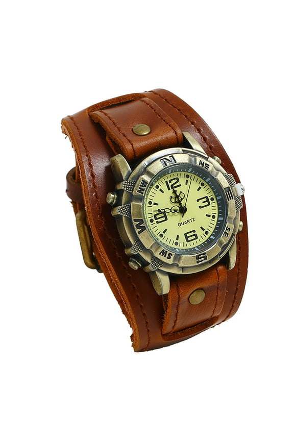 Vintage Leather Watches, Retro Steampunk Wide Cuff Analog Quartz Wrist Watches for Men and Women