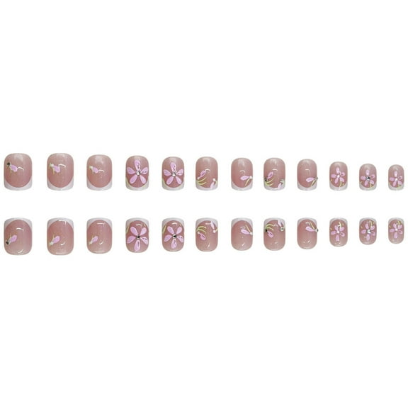 LEHOZIHEQ White French Tip Press on Nails, Short Fake Nails Glossy False Nails, Press ons with Designs Glitter Rhinestones Flower 24Pcs