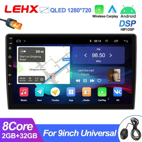 LEHX 4G LTE 8 Core 9inch Double Din HIFI DSP Car Stereo 2G+32G Android 15 Wireless Carplay  Android Auto QLED Screen Radio Bluetooth GPS WiFi