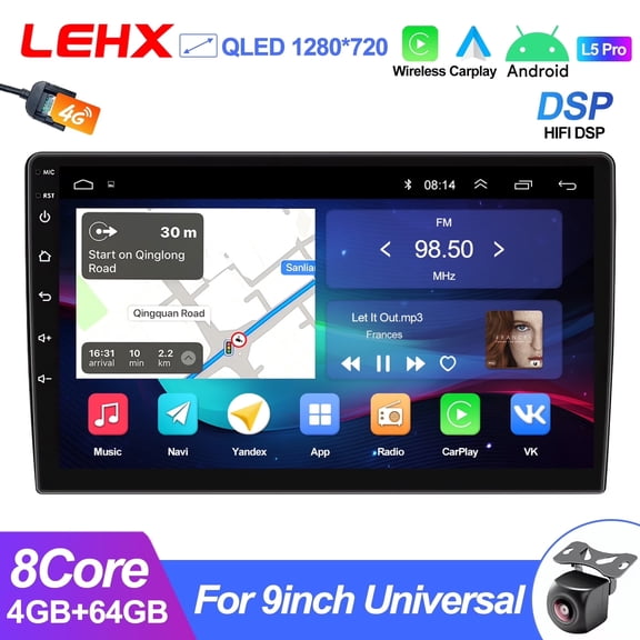 LEHX 4G LTE 8 Core 9inch Double Din HIFI DSP Car Stereo 4G+64G Android 15 Wireless Carplay  Android Auto QLED Screen Radio Bluetooth GPS WiFi AHD CAMERA