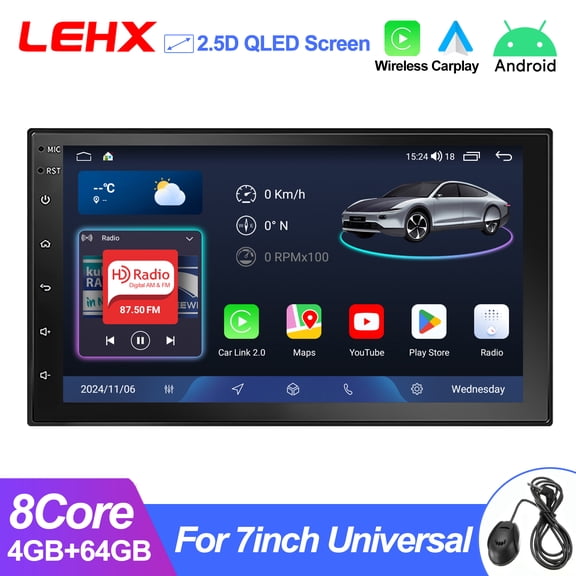 LEHX 8 Core 4G+64G 7inch Double Din Car Stereo Android 15 Wireless Carplay Android Auto QLED Screen Radio Bluetooth GPS WiFi