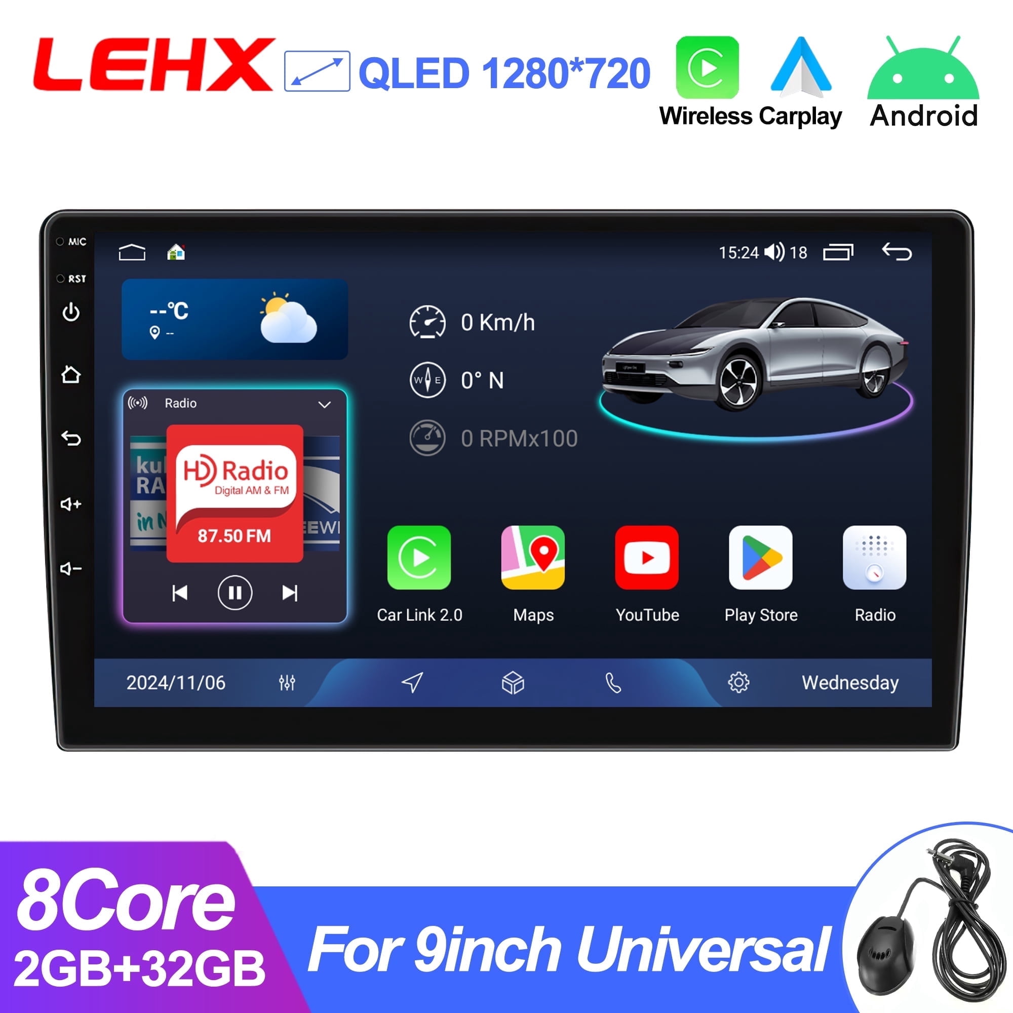 LEHX 8 Core 2G+32G 9inch Double Din Car Stereo Android 15 Wireless ...