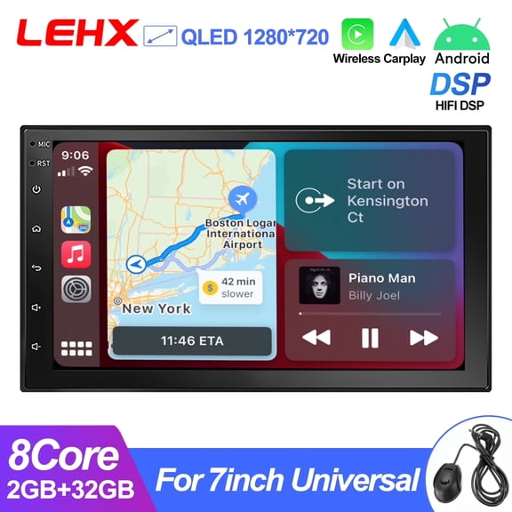 LEHX 8 Core 7 inch Double Din HIFI DSP Car Stereo 2G+32G Android 15 Wireless Carplay Android Auto QLED Screen Radio Bluetooth GPS WiFi