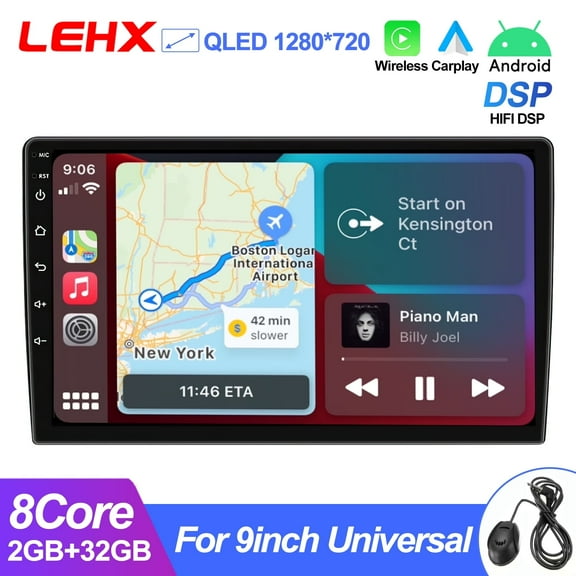 LEHX 8 Core 9 inch Double Din HIFI DSP Car Stereo 2G+32G Android 15 Wireless Carplay Android Auto QLED Screen Radio Bluetooth GPS WiFi