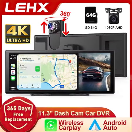 LEHX Dash Cam 11.3 inch 4K Car DVR Wireless Carplay Android Auto GPS Navigation Video Recorder Dashboard Dual Lens Reversing
