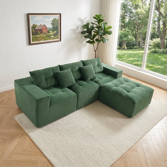 LEHZROAJ 101″L-shaped Chenille Compressed Sofa,Boneless Upholstered Couch Tufted Combination No Assembly for Living Room and Bedroom(Green)