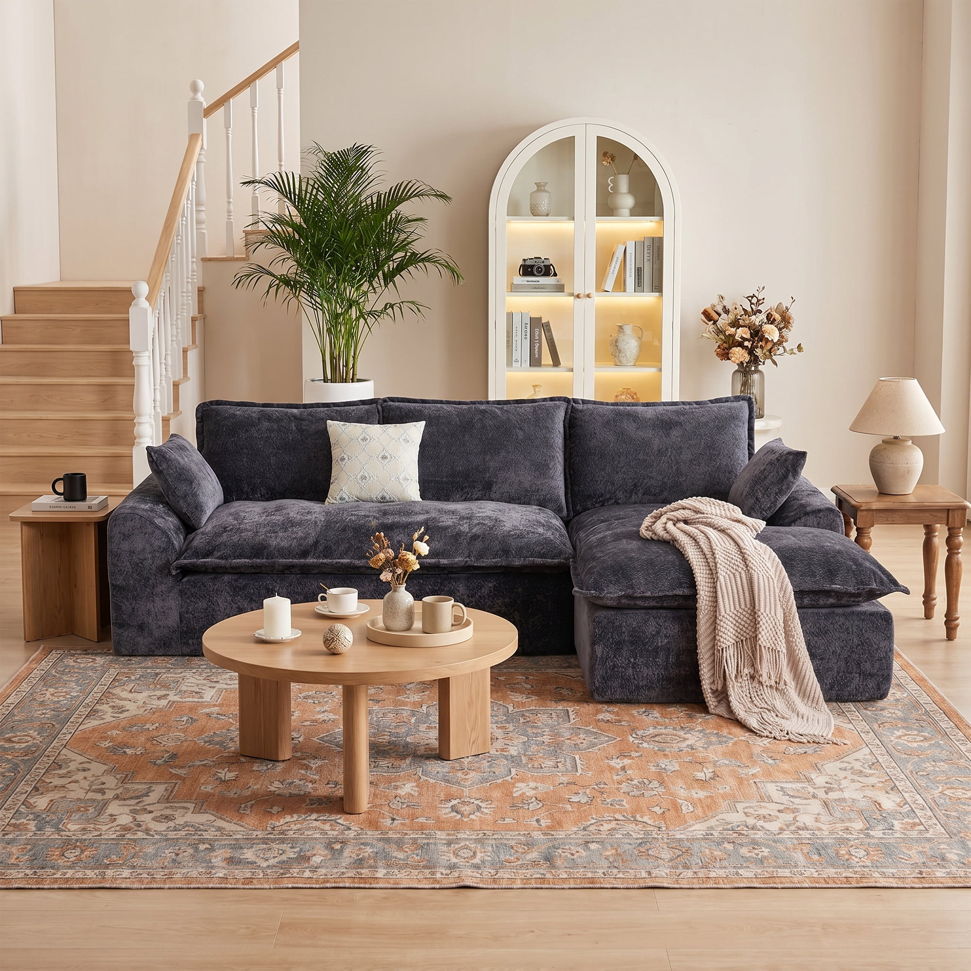 LEHZROAJ 103" Chenille Compressed Sofa,L Shaped Sectional Couch Pillows No Assembly Required for Living Room(Black,Right)