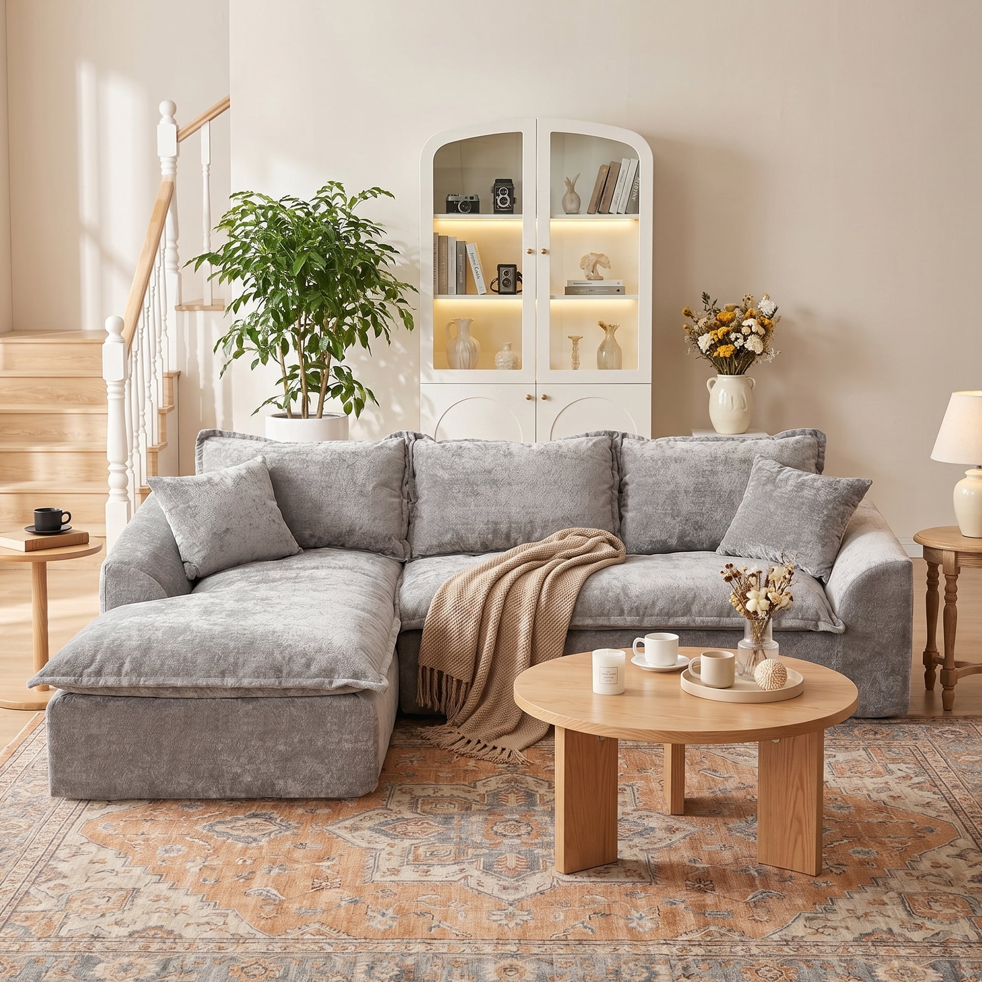 LEHZROAJ 103" Chenille Compressed Sofa,L Shaped Sectional Couch Pillows No Assembly Required for Living Room(Gray,Left)