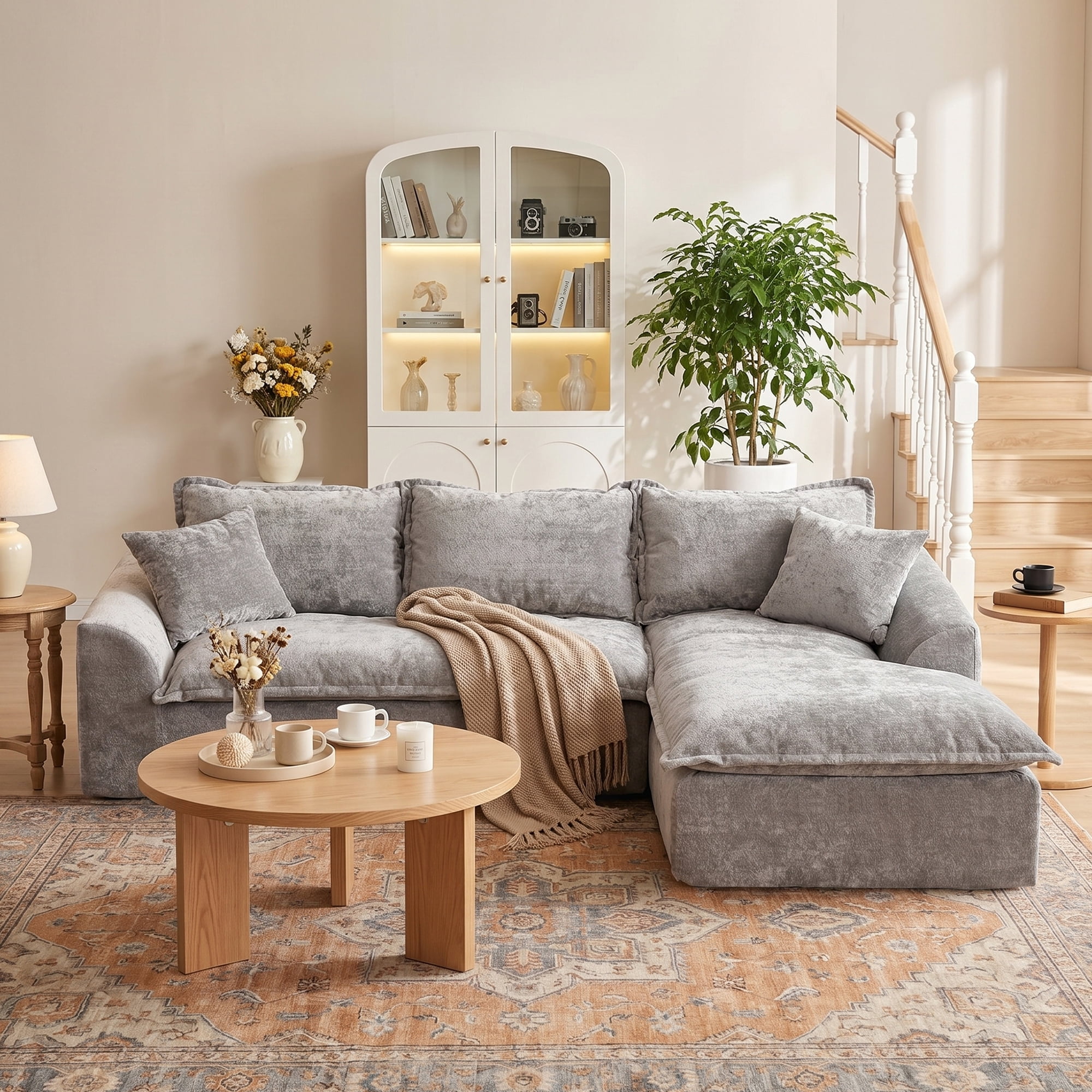 LEHZROAJ 103" Chenille Compressed Sofa,L Shaped Sectional Couch Pillows No Assembly Required for Living Room(Gray,Right)