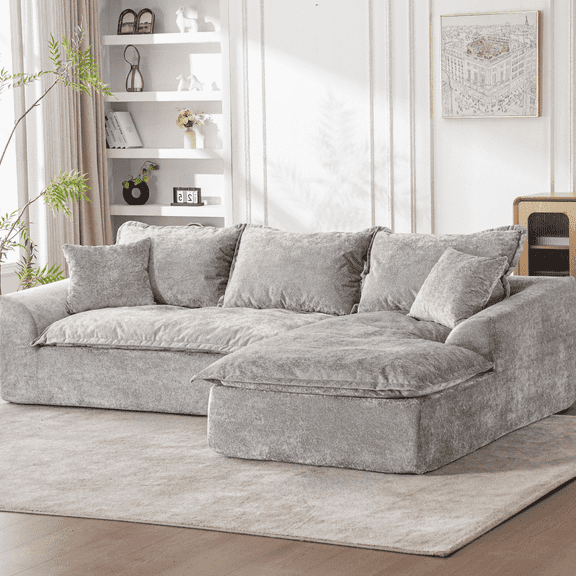 LEHZROAJ 103" Chenille Compressed Sofa,L Shaped Sectional Couch Pillows No Assembly Required for Living Room(Gray,Right)